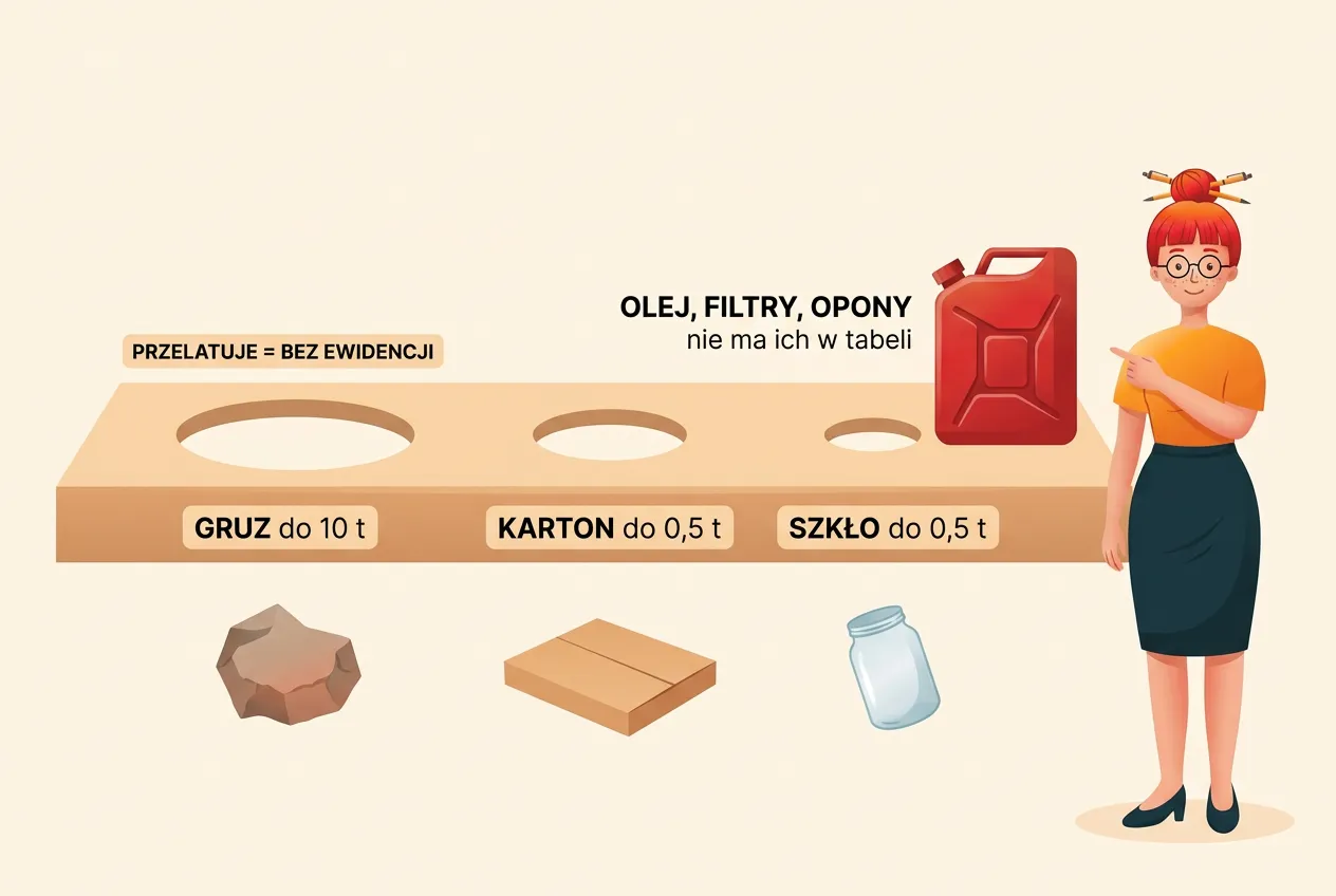Sito z trzema otworami: gruz do 10 t, karton do 0,5 t i szkło do 0,5 t przelatują bez ewidencji, a kanister z olejem utknął na górze — „olej, filtry, opony: nie ma ich w tabeli”