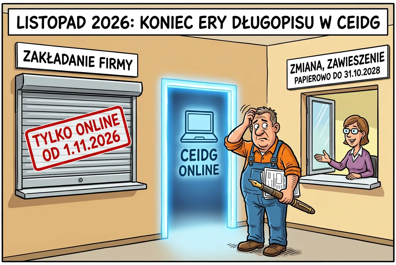 Komiks: zdezorientowany przedsiębiorca z papierami i wiecznym piórem w urzędzie; okienko zakładania firmy zamknięte z pieczęcią „tylko online od 1.11.2026”, obok świecące przejście „CEIDG online”, a okienko zmian i zawieszeń czynne papierowo do 31.10.2028