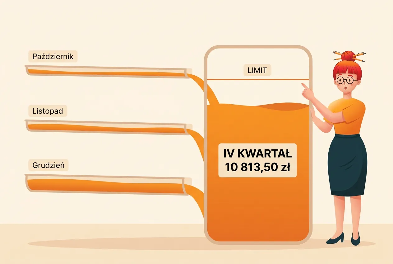 Trzy strumienie — październik, listopad i grudzień — wpadają do jednego zbiornika „IV kwartał 10 813,50 zł” z linią limitu; Klara wskazuje linię