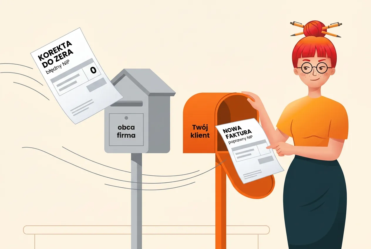 Faktura KOREKTA DO ZERA z błędnym NIP leci do szarej skrzynki obca firma, a NOWA FAKTURA z poprawnym NIP do skrzynki Twój klient, którą otwiera Klara