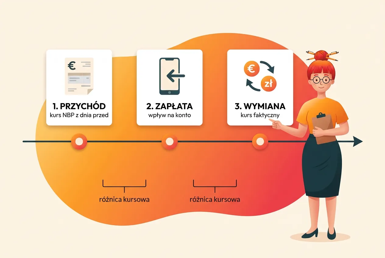 Oś czasu faktury w euro: przychód po kursie NBP z dnia przed, zapłata na konto i wymiana po kursie faktycznym, a między nimi różnice kursowe