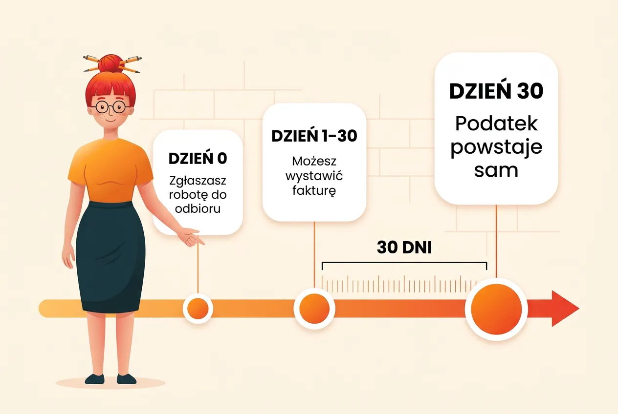 Oś czasu: dzień 0 — zgłoszenie roboty do odbioru, dni 1–30 — okno na fakturę, dzień 30 — podatek powstaje sam; nad odcinkiem klamra „30 dni”