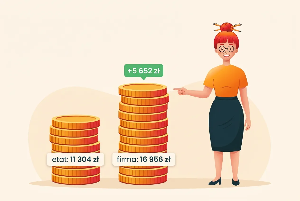 Dwa stosy monet: limit IKZE na etacie 11 304 zł i przy firmie 16 956 zł, czyli o 5 652 zł więcej; Klara wskazuje wyższy stos