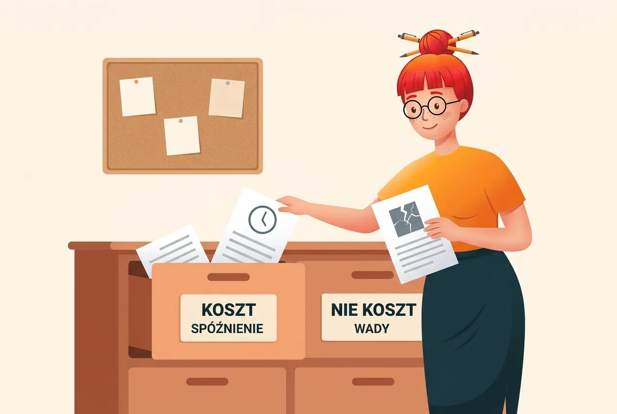 Klara wkłada notę z zegarem do szuflady KOSZT – SPÓŹNIENIE, a notę z pękniętą płytką kieruje do zamkniętej szuflady NIE KOSZT – WADY