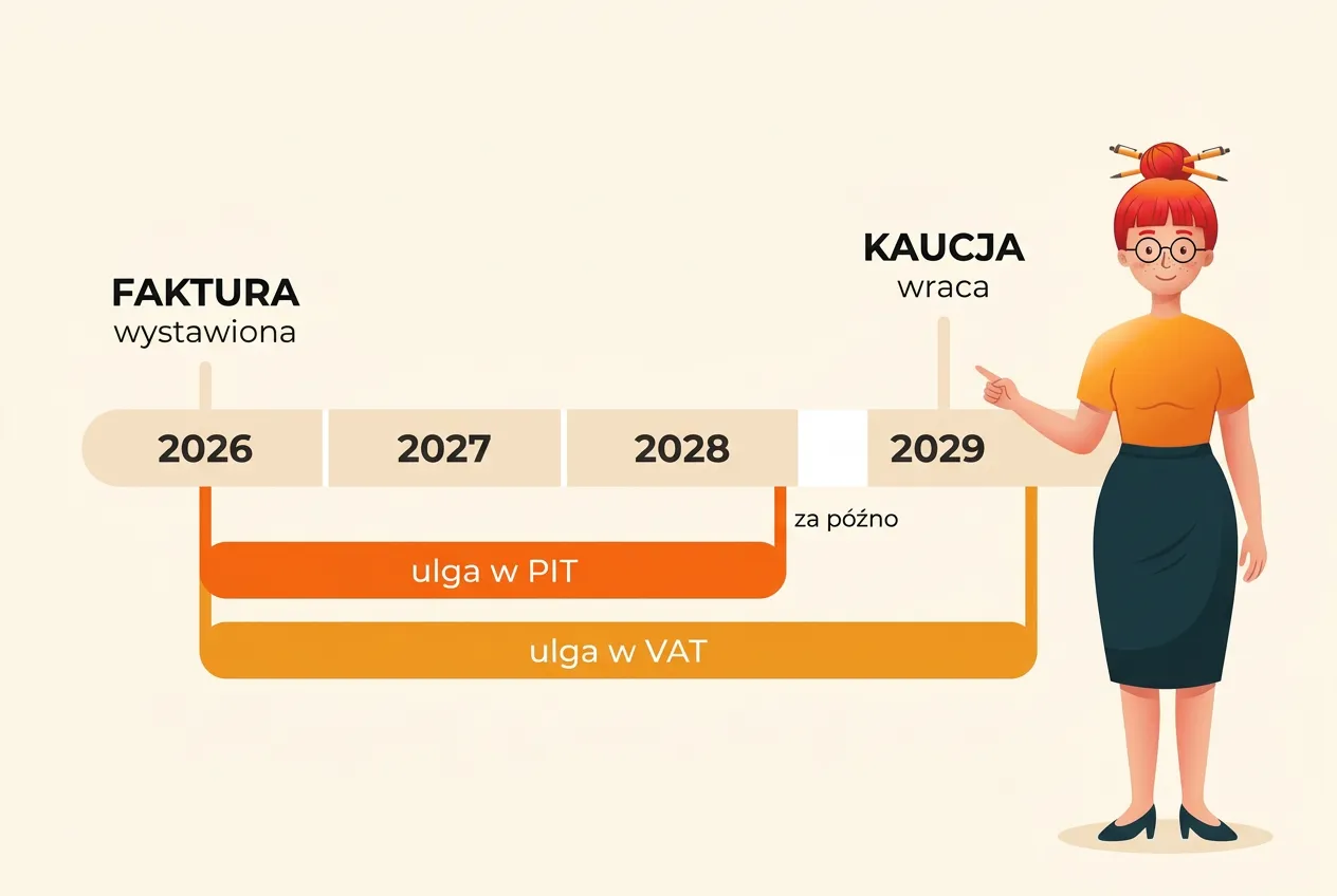 Oś czasu 2026–2029: faktura w 2026, ulga w PIT kończy się z 2028, ulga w VAT z 2029, a kaucja wraca w 2029 — przerwa opisana „za późno”; Klara ją wskazuje