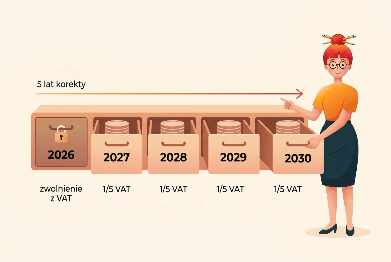 Pięć szuflad z latami 2026–2030: szuflada 2026 zamknięta na kłódkę z podpisem zwolnienie z VAT, cztery otwarte po 1/5 VAT, Klara wysuwa ostatnią