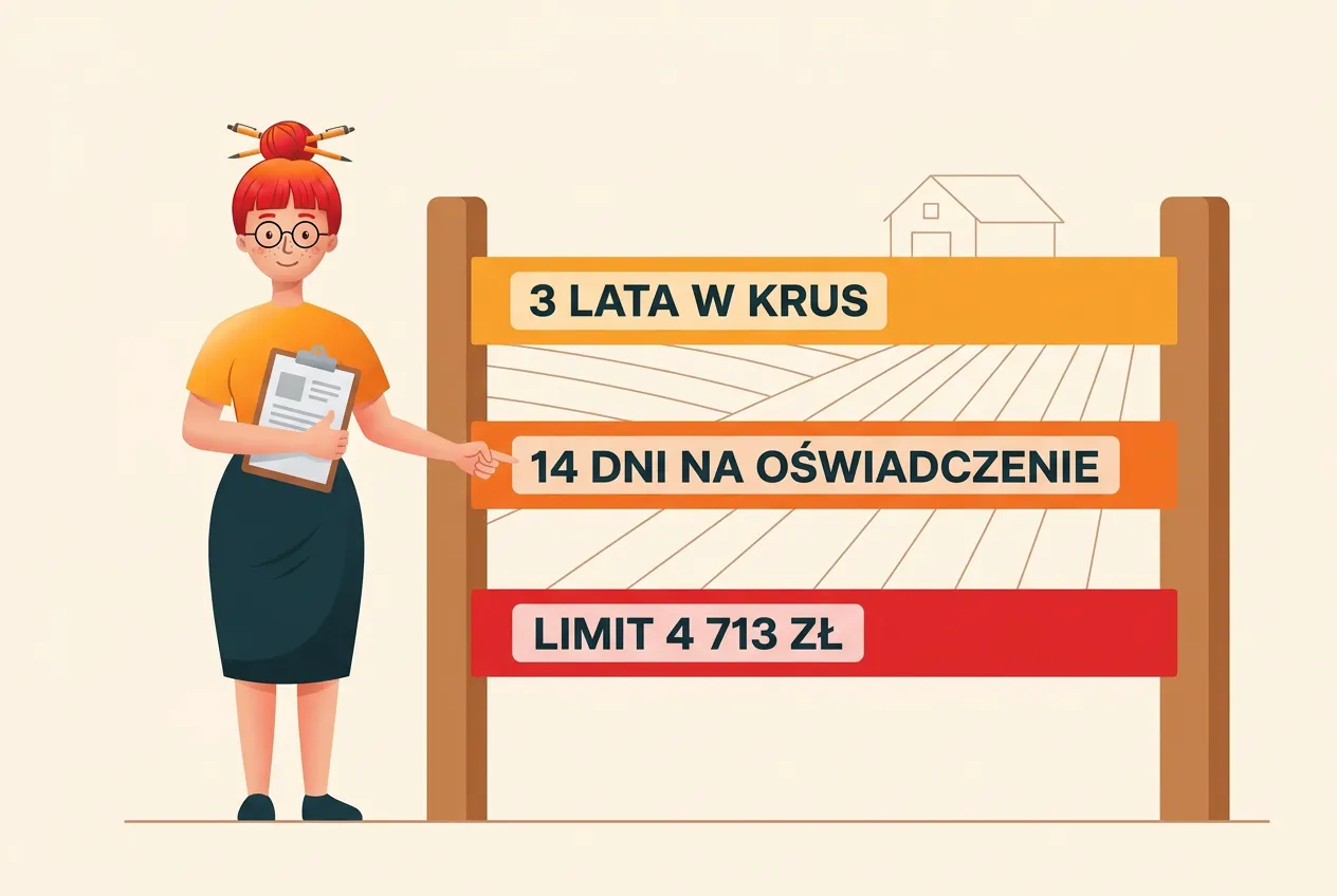 Klara z podkładką wskazuje na bramkę polną z trzema belkami: 3 lata w KRUS, 14 dni na oświadczenie, limit 4 713 zł