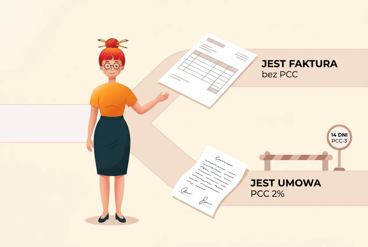 Klara stoi na rozwidleniu drogi: górą prowadzi faktura z napisem „jest faktura, bez PCC”, dołem umowa „jest umowa, PCC 2%” i szlaban z tabliczką „14 dni, PCC-3”
