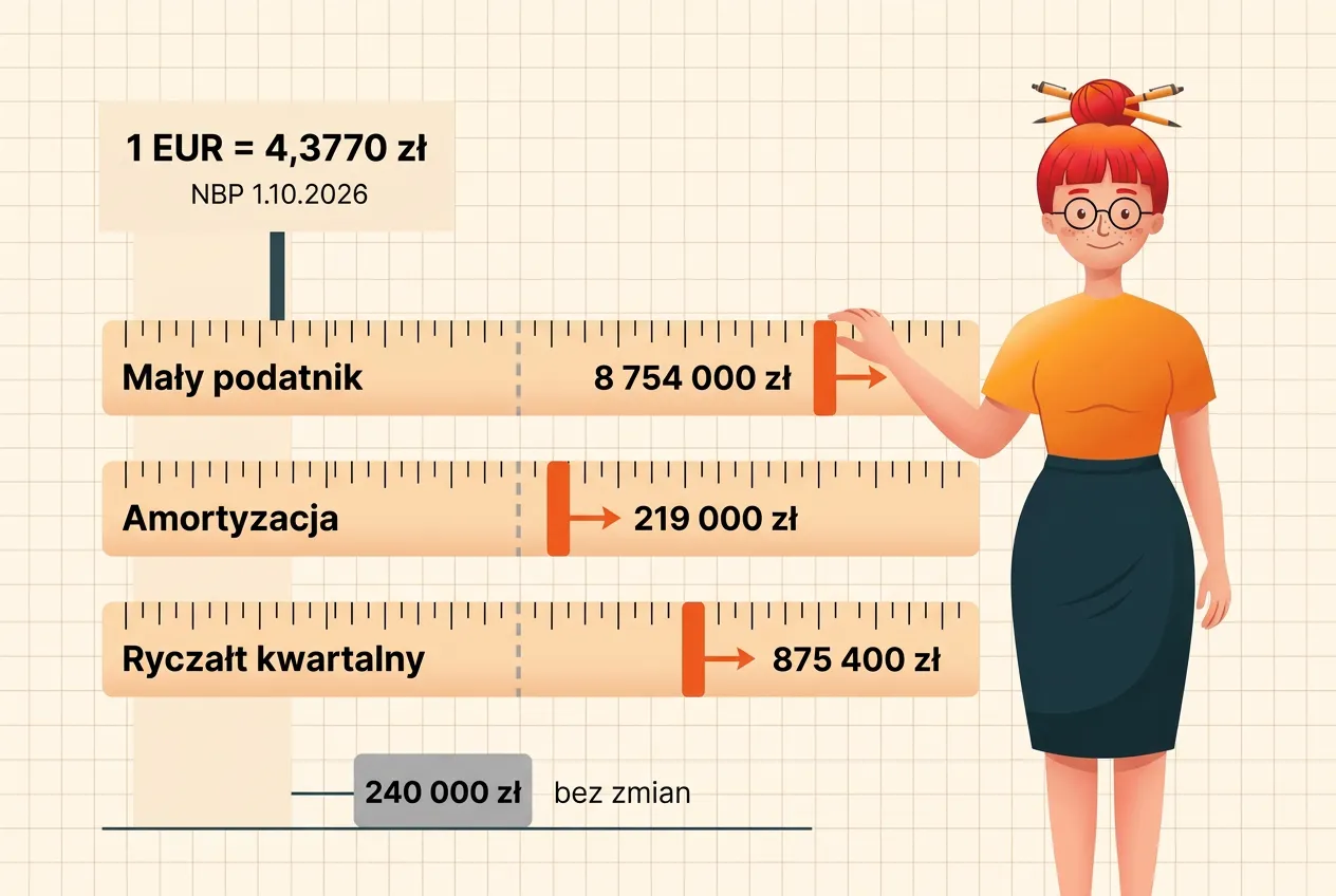 Klara przesuwa w prawo znaczniki na linijkach limitów: mały podatnik 8 754 000 zł, amortyzacja 219 000 zł, ryczałt kwartalny 875 400 zł