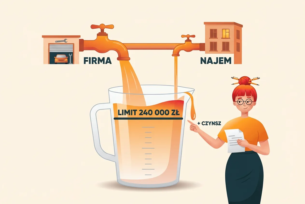 Dwa krany, z firmy i z bloku z napisem NAJEM, napełniają dzbanek ponad kreskę LIMIT 240 000 ZŁ, a Klara wskazuje przelewającą się strużkę + CZYNSZ
