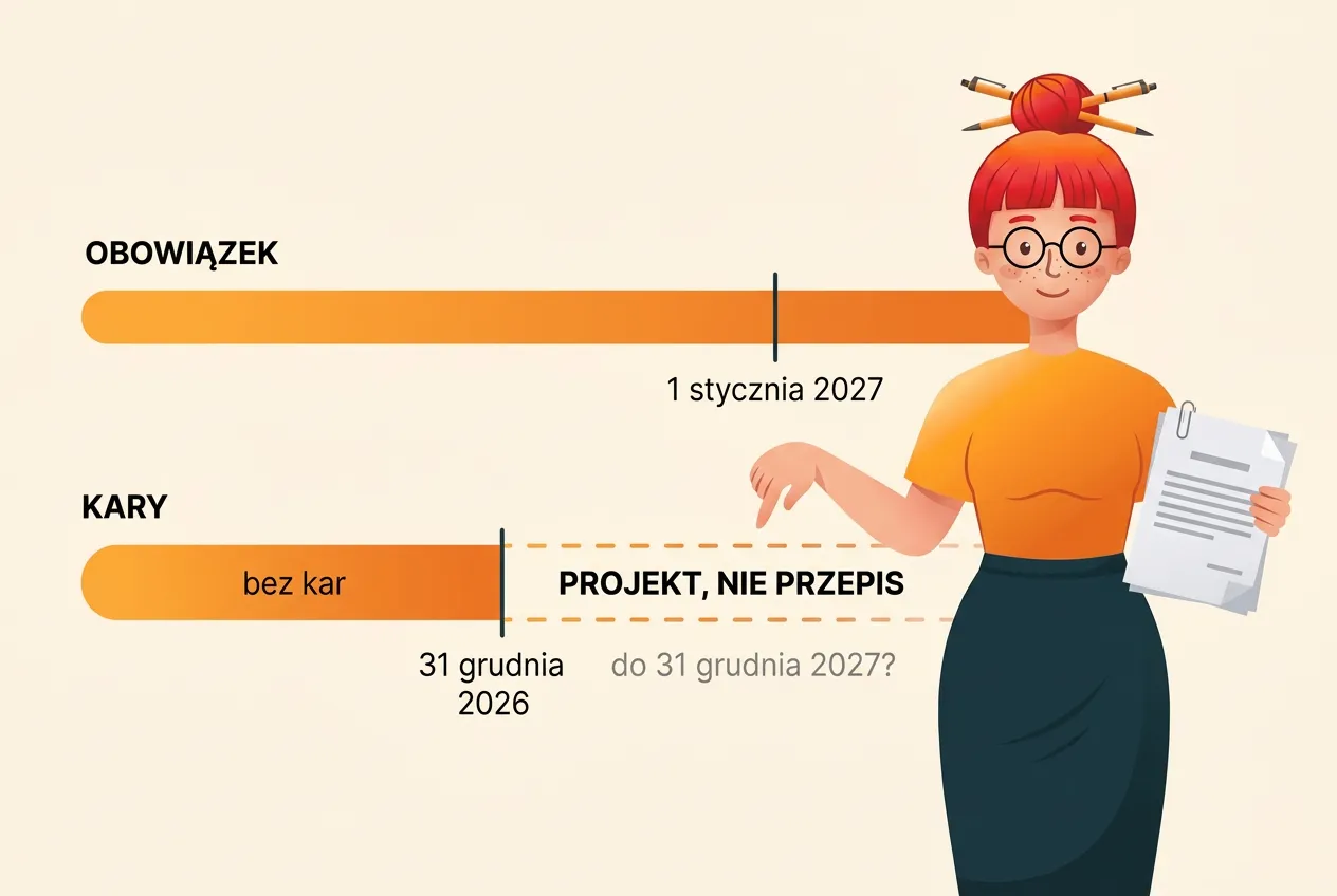 Dwie osie czasu: obowiązek KSeF od 1 stycznia 2027 i kary z luką opisaną „projekt, nie przepis”; Klara wskazuje na lukę, trzymając projekt ustawy