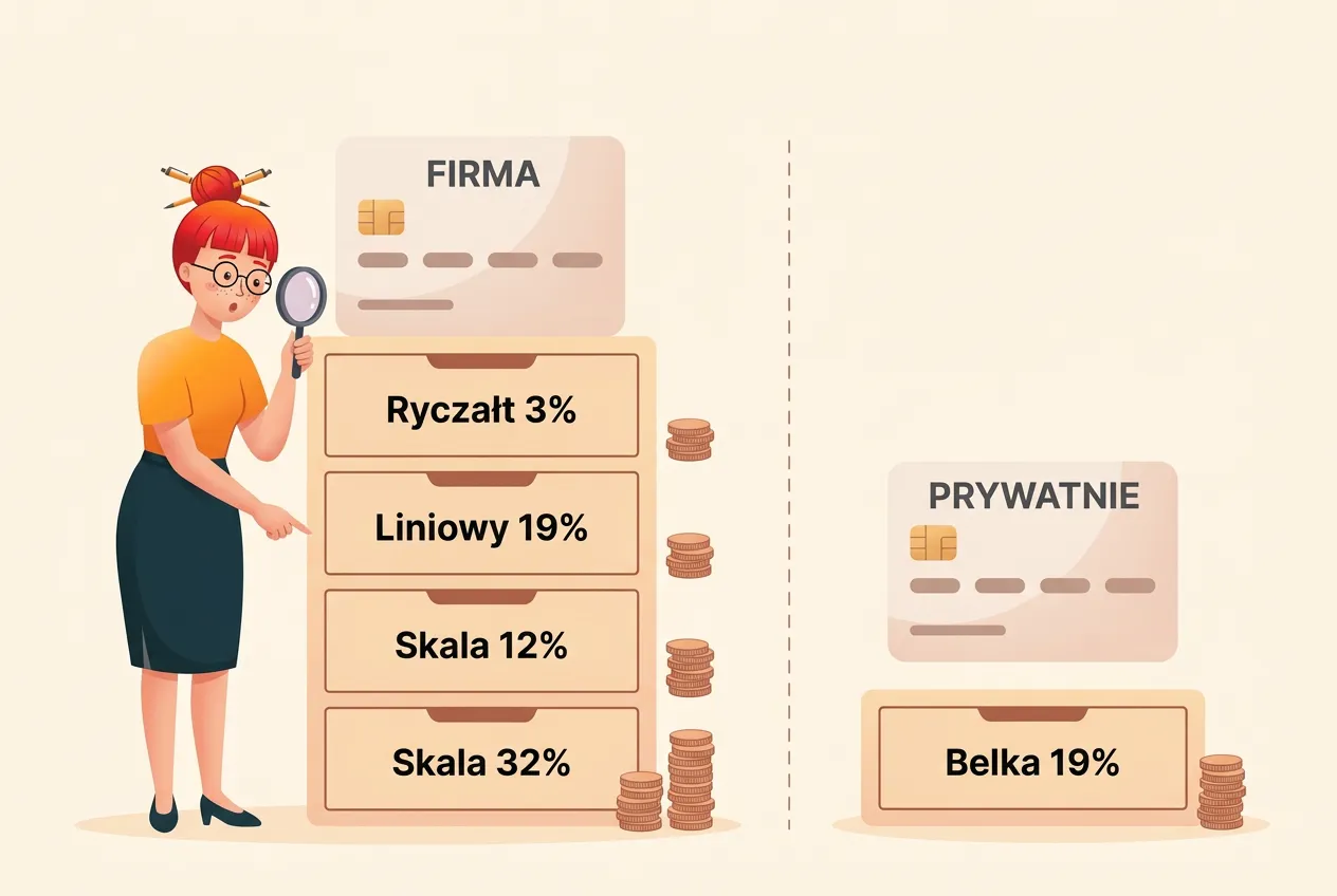 Klara z lupą przy komodzie FIRMA z szufladami Ryczałt 3%, Liniowy 19%, Skala 12% i Skala 32%, obok karta PRYWATNIE z szufladą Belka 19%