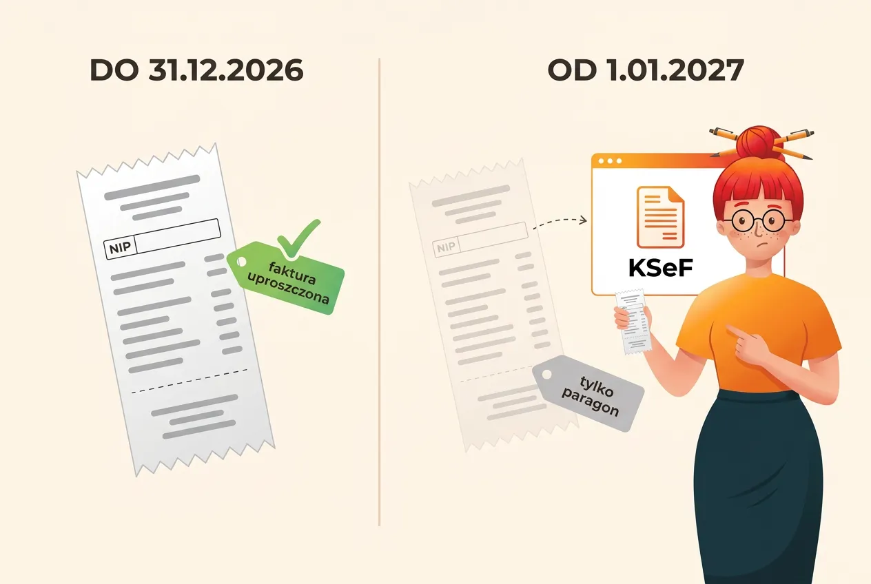 Ten sam paragon z polem NIP: do 31.12.2026 z zieloną etykietą faktura uproszczona, od 1.01.2027 wyblakły z etykietą tylko paragon, obok Klara i okno KSeF