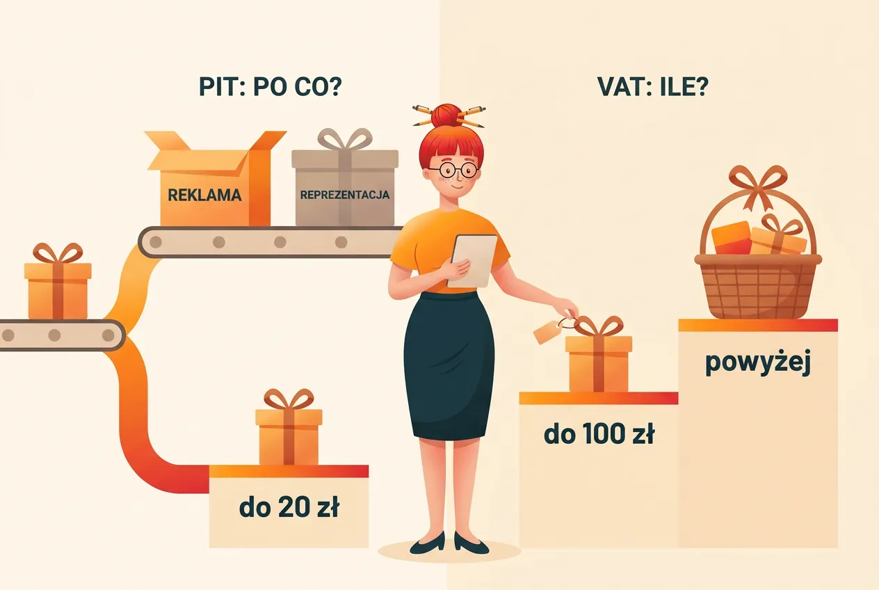 Prezent na taśmie rozjeżdża się na dwa tory: PIT z pudłami reklama i reprezentacja oraz VAT ze stopniami do 20 zł, do 100 zł i powyżej; Klara przykleja metkę