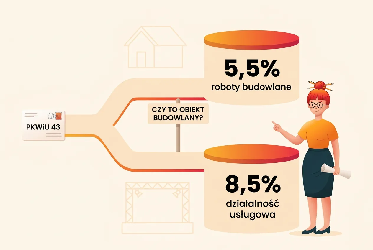 Ścieżka od pisma „PKWiU 43” rozwidla się przy drogowskazie „Czy to obiekt budowlany?” na 5,5% — roboty budowlane i 8,5% — działalność usługowa; Klara wskazuje drogowskaz