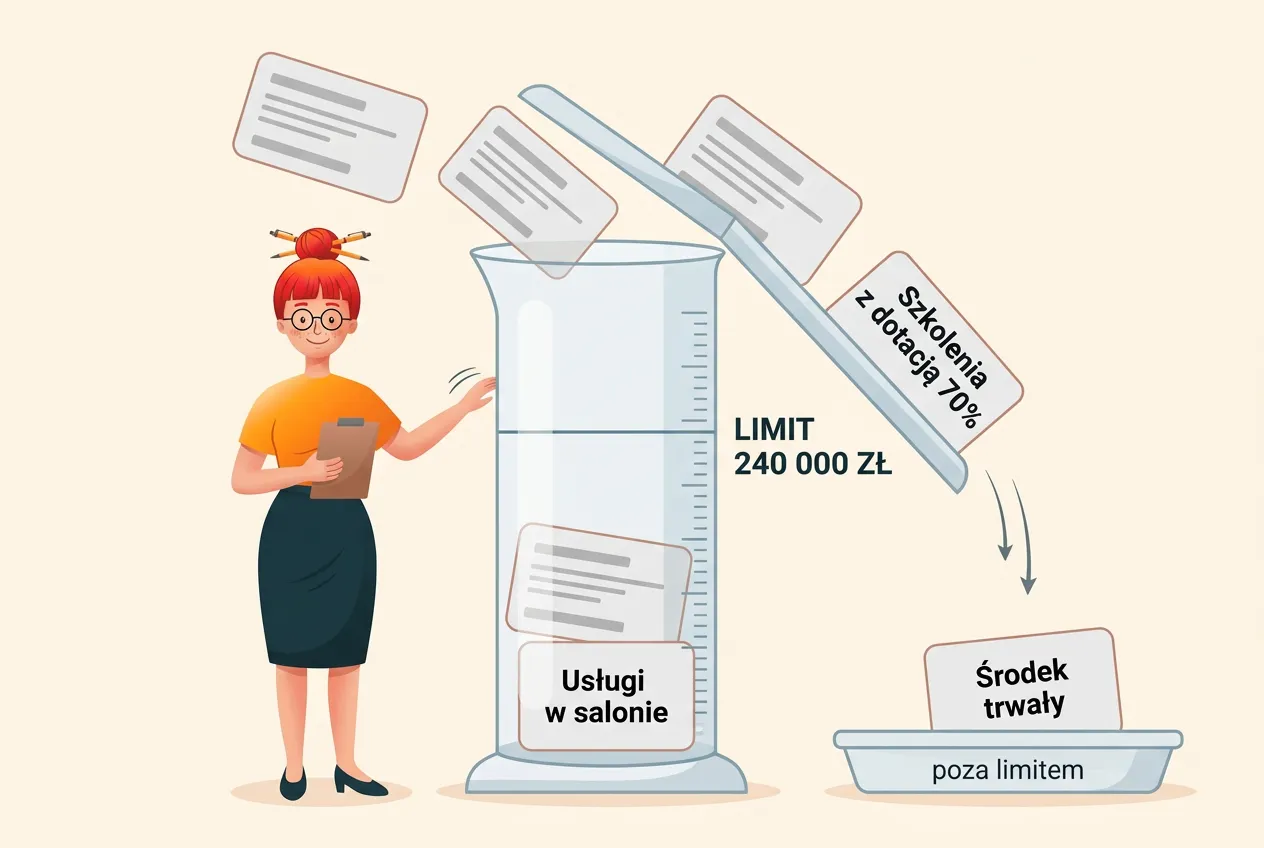 Klara sortuje karty: usługi w salonie trafiają do miarki z kreską „limit 240 000 zł”, a szkolenia z dotacją 70% i środek trwały zjeżdżają do tacki „poza limitem”