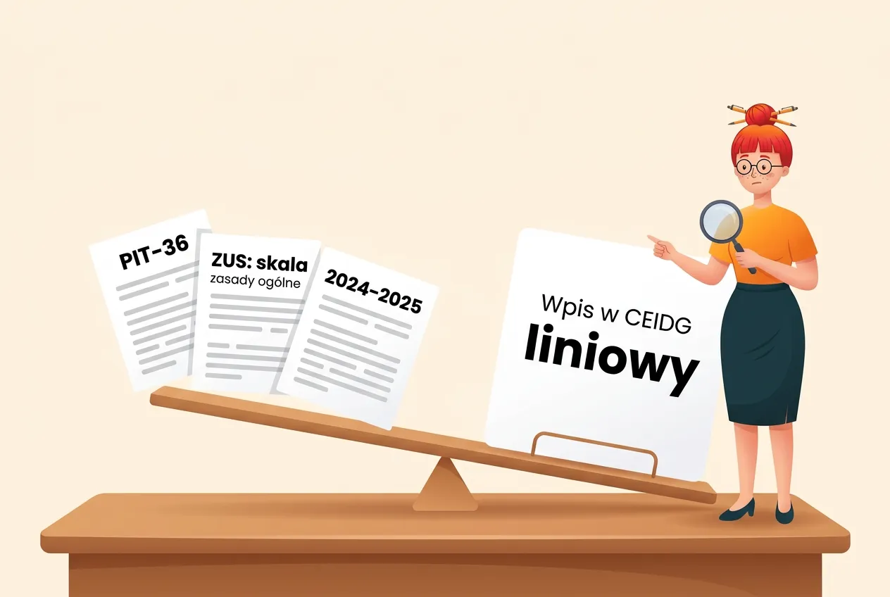Huśtawka na biurku: karta Wpis w CEIDG liniowy przeważa nad kartkami PIT-36, ZUS: skala i 2024–2025, a Klara z lupą wskazuje kartę