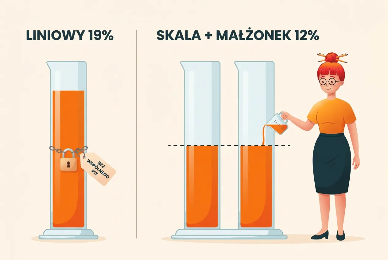 Klara wyrównuje płyn w dwóch kolumnach SKALA + MAŁŻONEK 12%, obok samotna kolumna LINIOWY 19% zamknięta na kłódkę z etykietą BEZ WSPÓLNEGO PIT