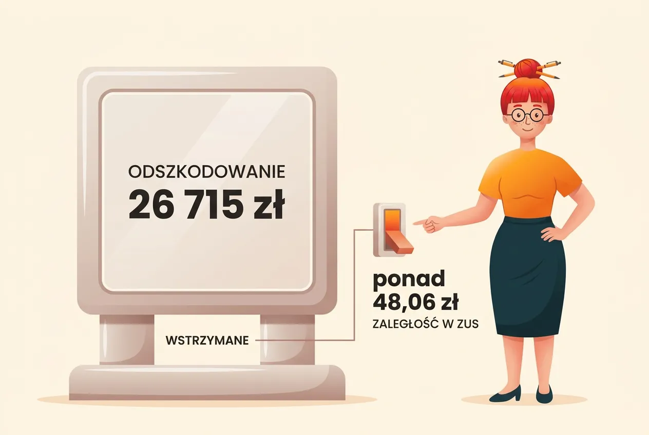 Duża tablica „Odszkodowanie 26 715 zł” z napisem „wstrzymane”, połączona z małym wyłączonym przełącznikiem „ponad 48,06 zł zaległość w ZUS”, który wskazuje Klara