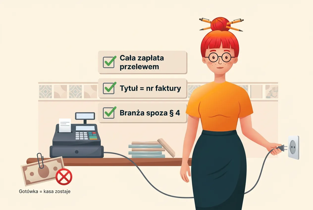Klara wyciąga wtyczkę kasy fiskalnej z gniazdka obok trzech odhaczonych warunków: cała zapłata przelewem, tytuł = nr faktury, branża spoza § 4