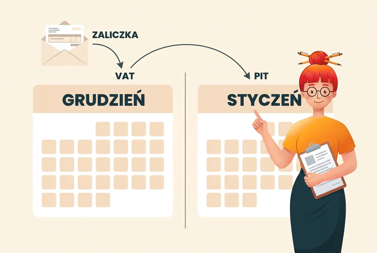 Kartki kalendarza GRUDZIEŃ i STYCZEŃ: strzałka od zaliczki trafia najpierw do VAT w grudniu, a potem łukiem do PIT w styczniu, który wskazuje Klara