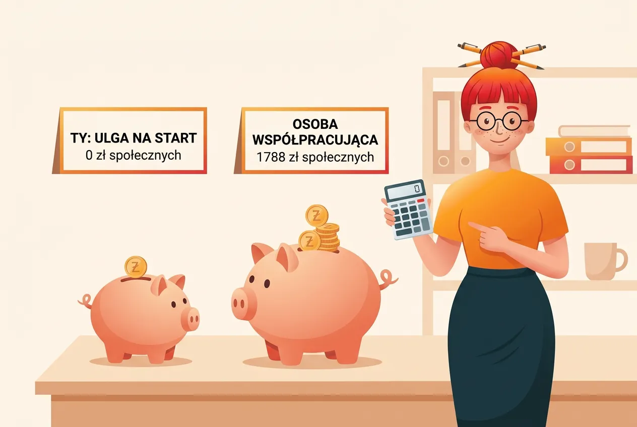 Klara z kalkulatorem wskazuje dużą skarbonkę z tabliczką OSOBA WSPÓŁPRACUJĄCA, 1788 zł społecznych, obok mała z tabliczką TY: ULGA NA START, 0 zł