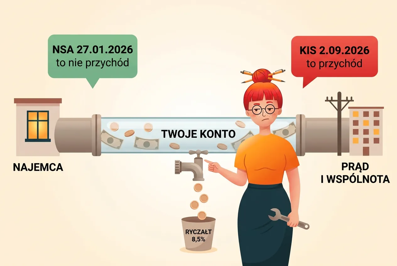 Klara wskazuje kran z ryczałtem 8,5%, zamontowany na rurze, którą pieniądze najemcy płyną do dostawcy prądu i wspólnoty; nad nią tabliczki NSA i KIS